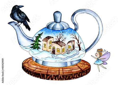 Watercolor sketch of a glass teapot with a small world inside. Winter snow drifts and small fairy houses. Outside, a raven sits on a teapot, and a little fairy is nearby. Isolated on white background.