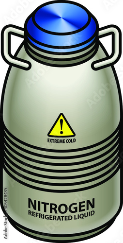A stainless steel dewar/vacuum insulated flask with liquid nitrogen and caution labels.
