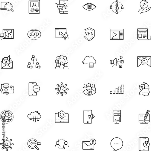 communication vector icon set such as: wi, tube, e-commerce, magnifier, style, profile, play, scanning, manager, asynchronous learning, home, grid, vpn, panel, wire, messaging, low, e-mail, linked