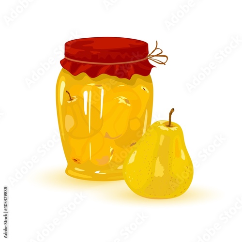 Mellow summer fruit canned in glass jar, harvest, vitaminized syrup for tea. Vector confiture or marmalade in container, sweet dessert flavor idea isolated on white background