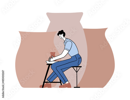 Pottery hobby. Handcrafted earthenware, pottery studio. Ceramic craft master, ceramics pottery artist or pot craftsman workshop vector illustration. Men, guy making clay pots, crockery, other ceramics