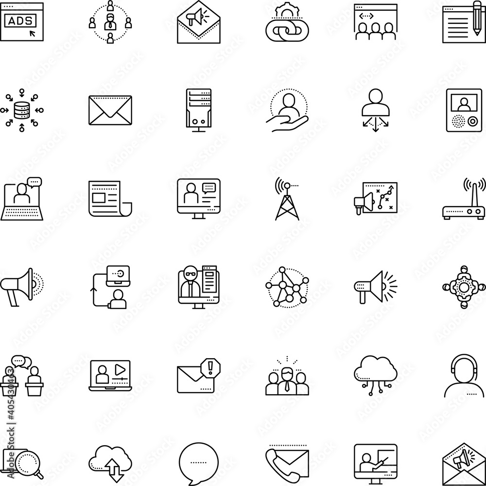 Fototapeta premium communication vector icon set such as: candidate, assistant, hand, postage, house, restricted, datacenter, ui, play, camera, loyalty, press, register, article, school, linked, attach, climate, clean