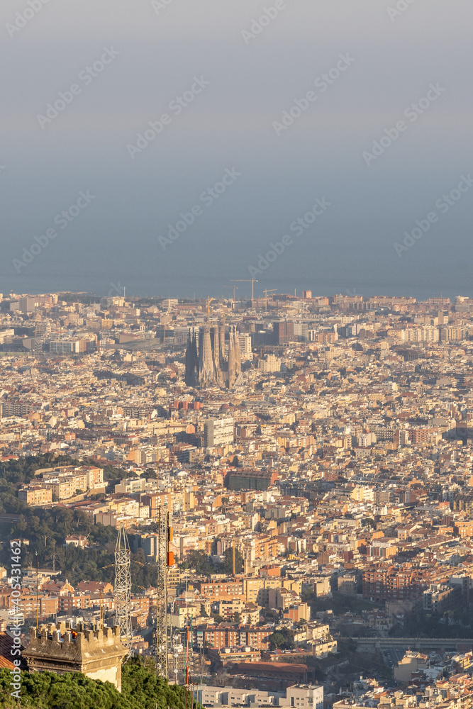 Barcelona city view on top of Mount Tibidabo in winter afternoon