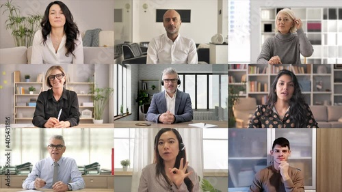 Composition of Group of diverse people having a video chat meeting talking to camera  screen view,multi-racial coworkers partecipate to a conference video call,multi-ethnic colleagues teleconference  photo