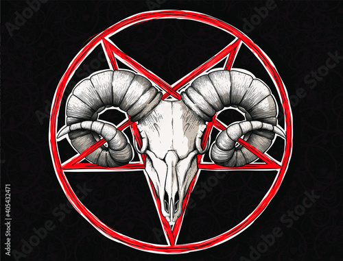 devilish symbol pentagram upside down star and goat or ram skull on dark patterned background