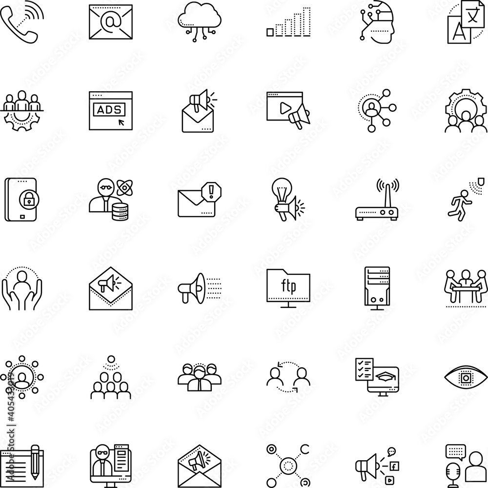 communication vector icon set such as: hand, desktop, distance, lecture, interpreter, application, dial, cyborg, upload, presentation, consulting, router, analysis, machinery, detection, safety