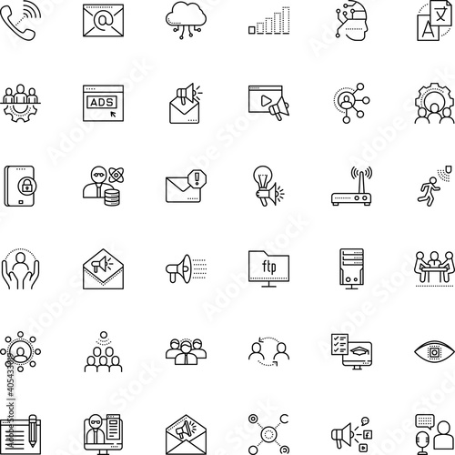 communication vector icon set such as: hand, desktop, distance, lecture, interpreter, application, dial, cyborg, upload, presentation, consulting, router, analysis, machinery, detection, safety