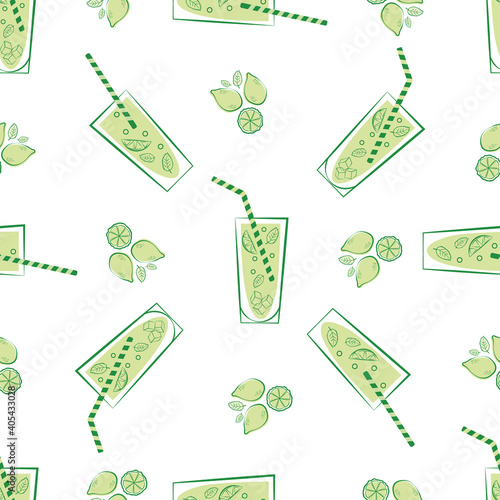 Lemonade glass and straw vector seamless pattern background. Retro green white backdrop with line art style drinks glasses, straws, citrus fruit, minty leaves. Mint drink beverage repeat for summer