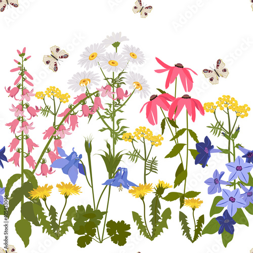 Seamless vector illustration with wildflowers and butterflies on a white background. © Nadezhda
