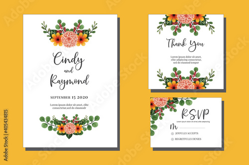 Wedding invitation frame set, floral watercolor hand drawn Dahlia Flower design Invitation Card Template