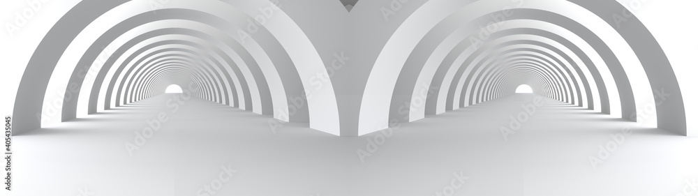 Naklejka premium 3D rendering of Empty space concrete room and the pathway area indefinitely with the gap and glowing light. Museum space design, the rhythm of the arch frame and the gap, Geometric structure.