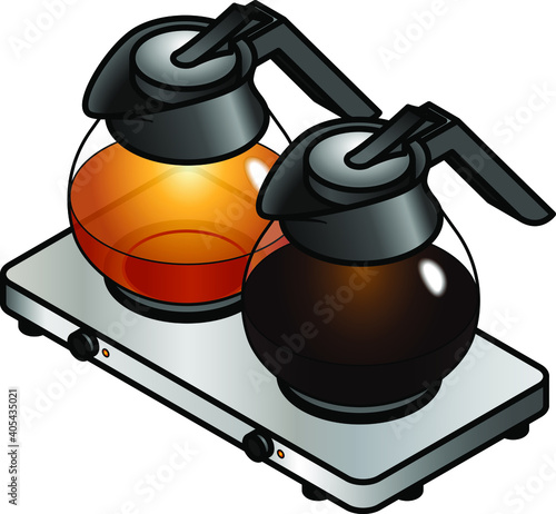 Two glass pots of tea and coffee on a hotplate.