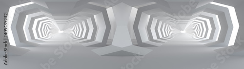 3D rendering of Empty space concrete room and the pathway area indefinitely with the gap and glowing light. Museum space design, the rhythm of the square frame and the gap, Geometric structure.