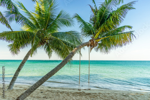 Chairs and umbrella In palm beach - Tropical holiday banner. White sand and coco palms travel tourism wide panorama background concept and swing under tree © CravenA