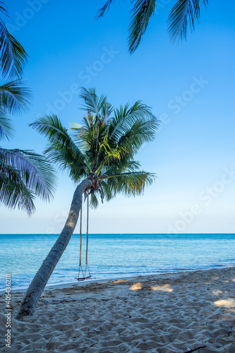 Chairs and umbrella In palm beach - Tropical holiday banner. White sand and coco palms travel tourism wide panorama background concept and swing under tree