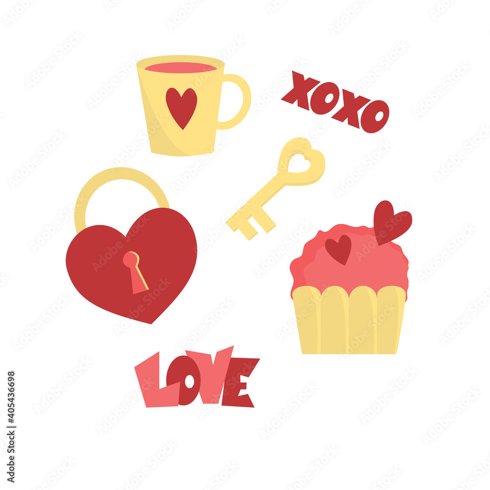 Set of elements for Valentine's Day on a white background. Cute icons for the holidays. Set of drawings with love. Heart lock and key. Cake and a cup with a heart. Xoxo lettering Set of elements for Valentine's Day on a white background. Cute icons for the holidays. Set of drawings with love. Heart lock and key. Cake and a cup with a heart. Xoxo lettering