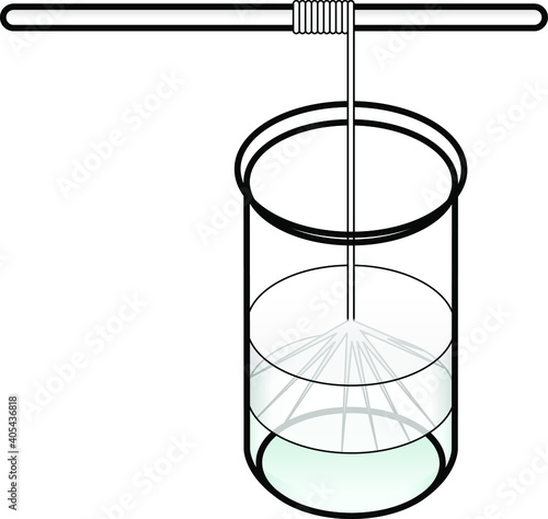 A laboratory setup - two chemicals in layers producing a polymer at their interface. The polymer is collected by winding around a glass rod.