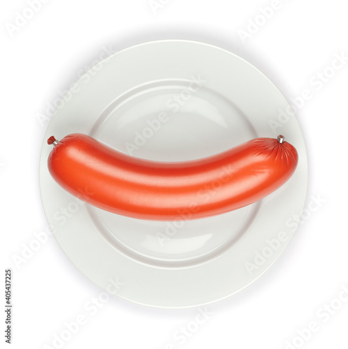A swedish sausage 'falukorv' on a white plate. Studio portrait isolated on white background.