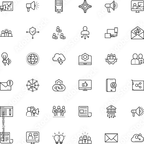 communication vector icon set such as: vpn, chain, behaviour, protect, visual, uploading, e-learning, engineering, cogwheel, print, like, component, interview, artificial, suggestion, knowledge