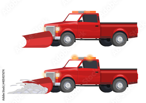 Vector Illustration red pickup truck, snow cleaning, road service, blizzard, snow, road works.