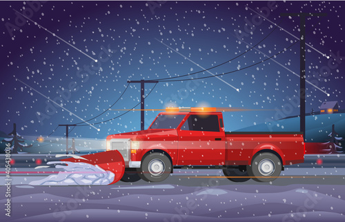 Vector Illustration red pickup truck, snow cleaning, road service, blizzard, snow, road works. Night highway, seasonal work.