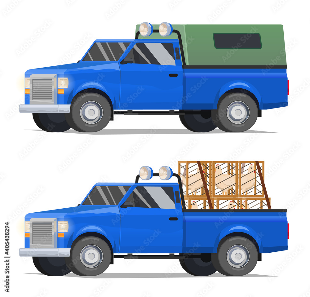 Vector Illustration blue pick-up truck, village, delivery of chickens, wooden boxes. Country farm.