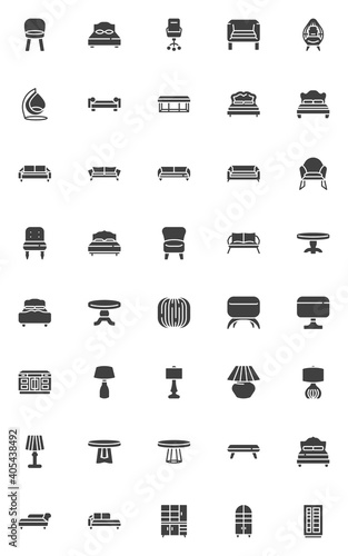 Modern furniture vector icons set, modern solid symbol collection, filled style pictogram pack. Signs, logo illustration. Set includes icons as bed sofa, couch furniture, table, cupboard, armchair