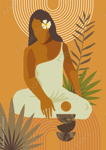 Vector exotic sitting woman print. Spa wellness resort retreat skin care poster. French Polynesia Tahiti culture. Bohemian tropical feminine Gauguin inspired boho wall art home decor print. Warm color