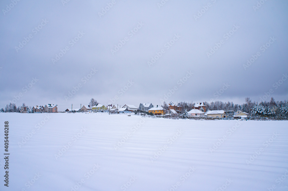 Winter landscape with a view of a snowy field and a light sky