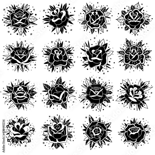 black white old school tattoo roses set. Old school tattoo roses set. Vector black white elements collection. Traditional american tattoo flowers.