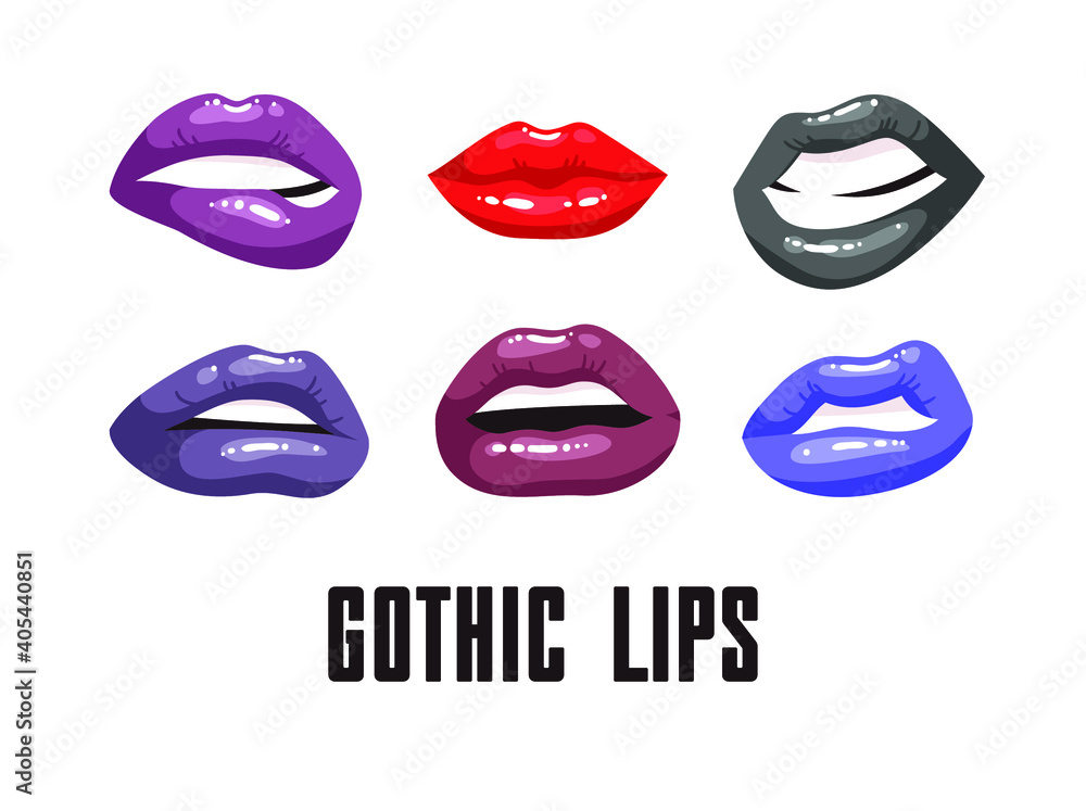 Sexy Female Lips with Acid Color Lipstick. Vector Fashion Illustration Woman Freak Mouth Set.  Gestures Collection Expressing Different Emotions