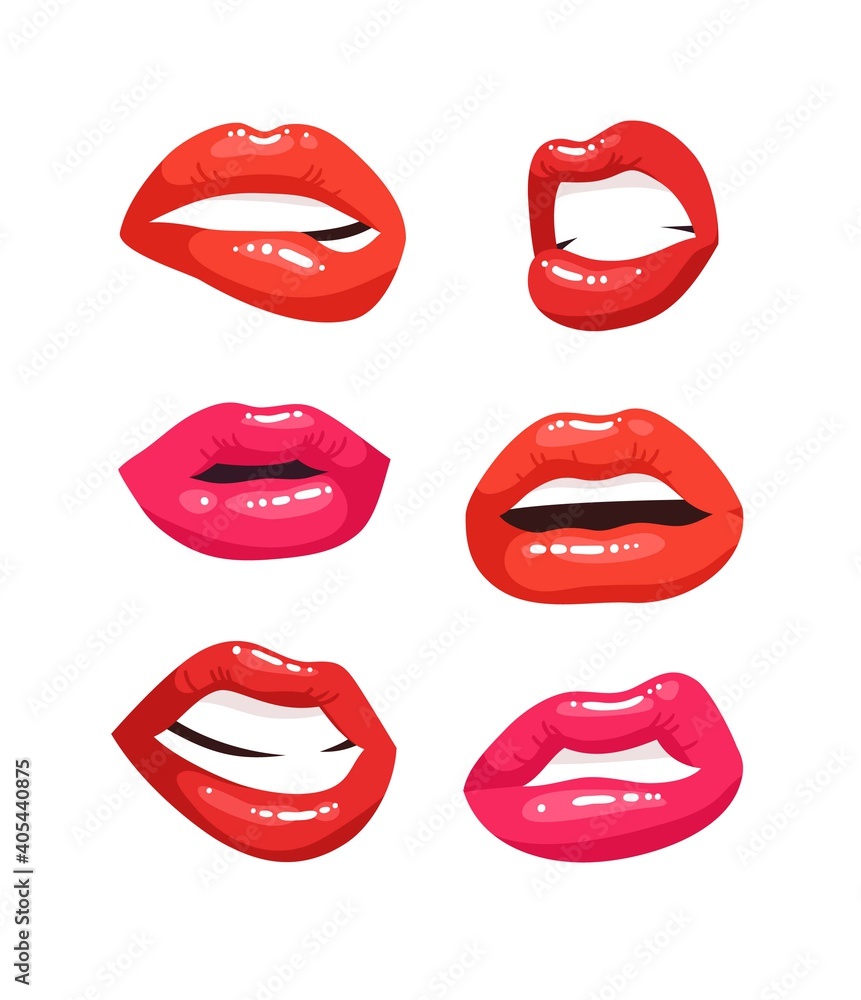 Sexy Female Lips with Red Lipstick. Vector Fashion Illustration Woman Mouth Set.  Gestures Collection Expressing Different Emotions