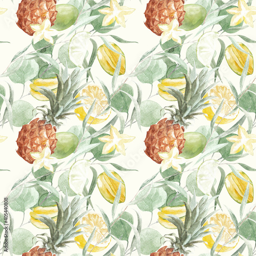 Tropical fruit pattern. Exotic fruits  spices and eucalyptus branches. Watercolor pattern on light background.