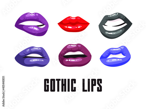 Sexy Female Lips with Acid Color Lipstick. Vector Fashion Illustration Woman Freak Mouth Set. Gestures Collection Expressing Different Emotions