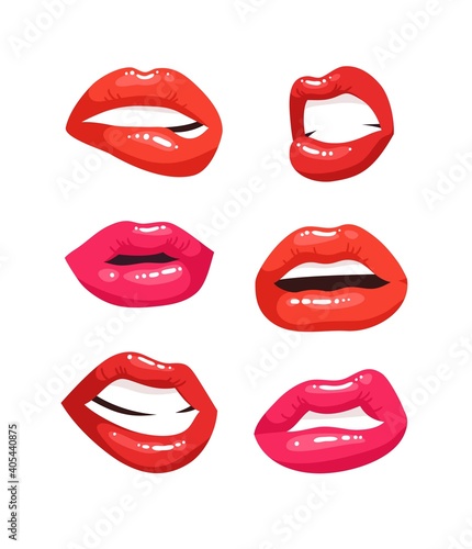 Wallpaper Mural Sexy Female Lips with Red Lipstick. Vector Fashion Illustration Woman Mouth Set.  Gestures Collection Expressing Different Emotions Torontodigital.ca
