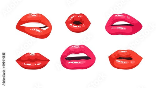 Sexy Female Lips with Red Lipstick. Vector Fashion Illustration Woman Mouth Set. Gestures Collection Expressing Different Emotions