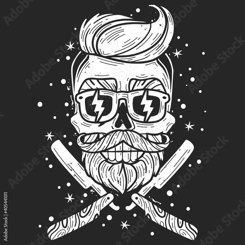 hipster skull barber. hipster skull barber emblem. Silhouette head vector isolated illustration. Brutal bearded face with two straight razors white on a black background