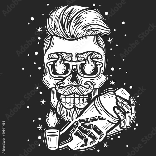 hipster skull bartender. hipster skull bartender emblem. Silhouette head vector isolated illustration. Brutal bearded face with a shaker and a burning shot white on a black background