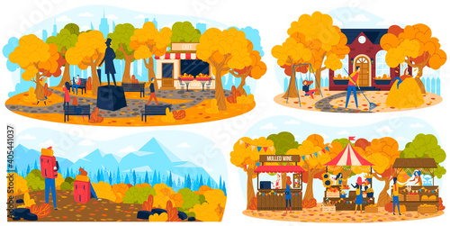 People in autumn park outdoor, hiking in fall nature, autumn market set of vector illustration. Entertainment outside home, nice weather. Autumnial landscape. Fall season activities and lifestyle.