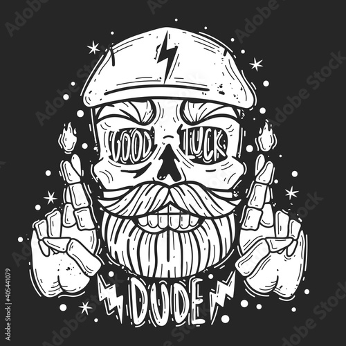 hipster skull dude illustration. hipster skull dude emblem. Silhouette heads vector isolated illustration. Brutal bearded face white on a black background