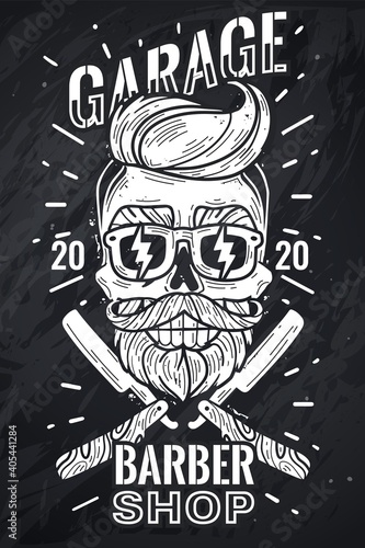 hipster skull poster. Barber shop hipster skull poster. Vector illustration chalk Board. Hipster head with glasses with straight razors