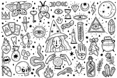 Magic icons doodles outlines set. Magic icons doodles outlines set. Hand drawn doodle sketch style vector illustration. Witchcraft occultism design elements.