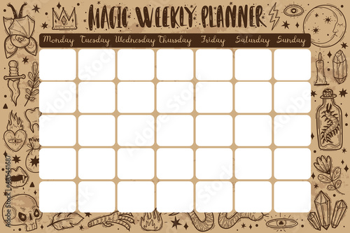 Magic icons doodles planner. Magic weekly planner. Hand drawn doodle sketch style vector illustration. Witchcraft occultism design elements.