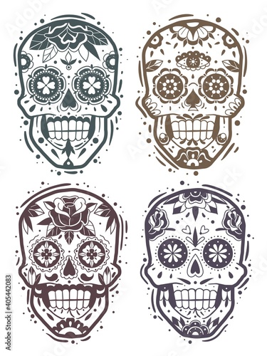 Mexican skull monochrome stencil collection. Mexican skulls set. Vector illustration. Dia de los muertos shugar monochrome stencil heads.