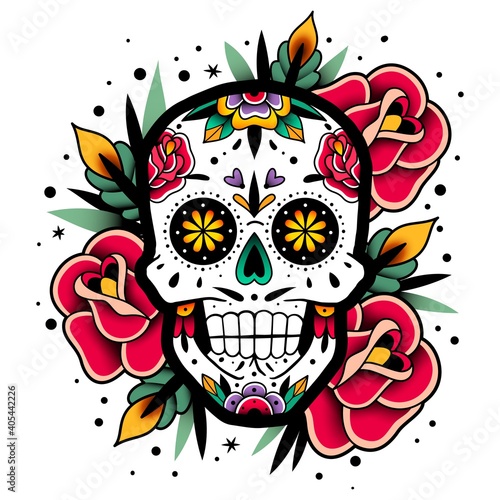 Mexican roses skull. Mexican roses skull. Vector illustration. Dia de los muertos shugar colorful head.