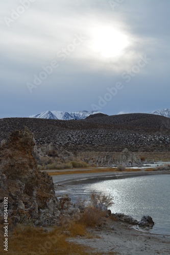 beautiful Mono Lake Tufa State Natural Reserve in eastern California on a cold December day, tufa pinnacles in dusk