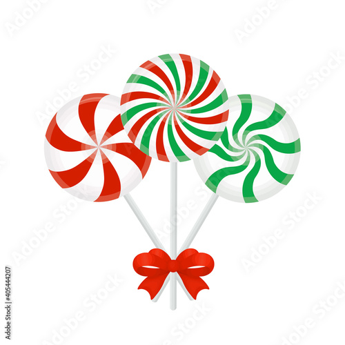 Red candy set. Christmas candy Lollipop with red bow isolated on white background. Vector.