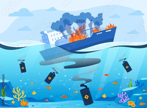 Oil gas industry eco catastrophe vector illustration. Cartoon flat seascape with gas oil ship tanker fire and spill, sinking supertanker, barrels with spilled oil, shipwreck ecocatastrophe background photo