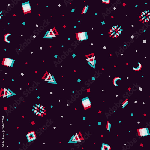 Vector seamless pattern, anaglyph geometric shapes, on a dark background