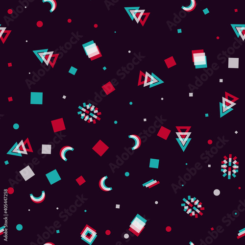 Vector seamless pattern, anaglyph geometric shapes, on a dark background